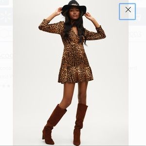 Scoop Leopard Ruched Sleeve Ruffle Dress
